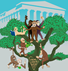 Demokratie-Baum mit Affen, welche die Errungenschaften verkörpern